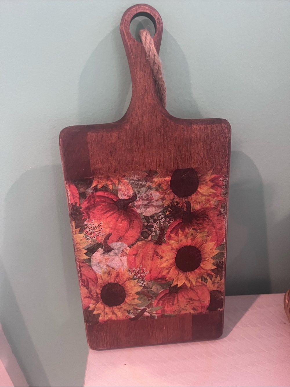 Decorative Autumn Pumpkin & Sunflower Wooden Serving Board, Rustic Red-Brown